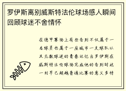罗伊斯离别威斯特法伦球场感人瞬间回顾球迷不舍情怀 罗伊斯离别威斯特法伦球场感人瞬间回顾球迷不舍情怀