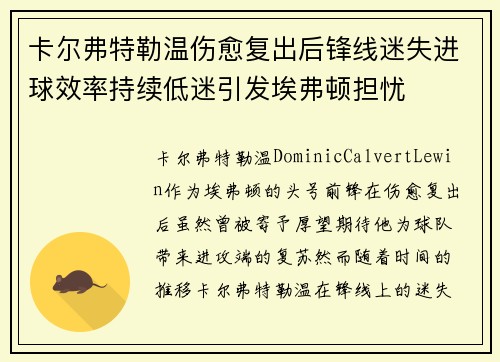 卡尔弗特勒温伤愈复出后锋线迷失进球效率持续低迷引发埃弗顿担忧