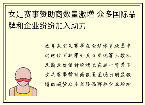 女足赛事赞助商数量激增 众多国际品牌和企业纷纷加入助力