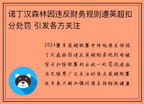诺丁汉森林因违反财务规则遭英超扣分处罚 引发各方关注 诺丁汉森林因违反财务规则遭英超扣分处罚 引发各方关注